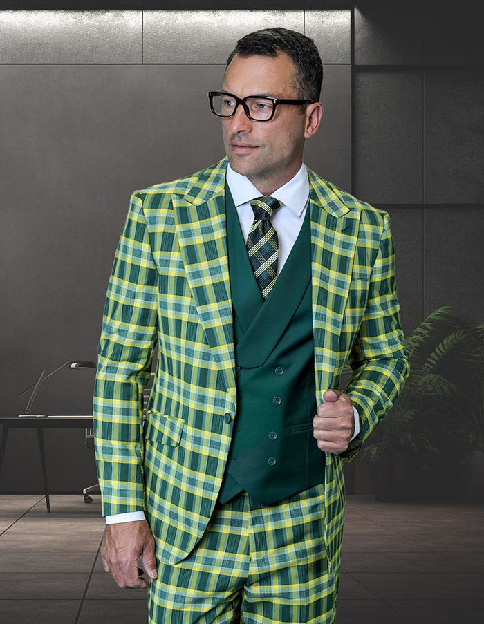 Saboo by Statement Mens Modern Fit 3 Piece 100% Wool Plaid Suit – Peak Lapel, Double Breasted Vest