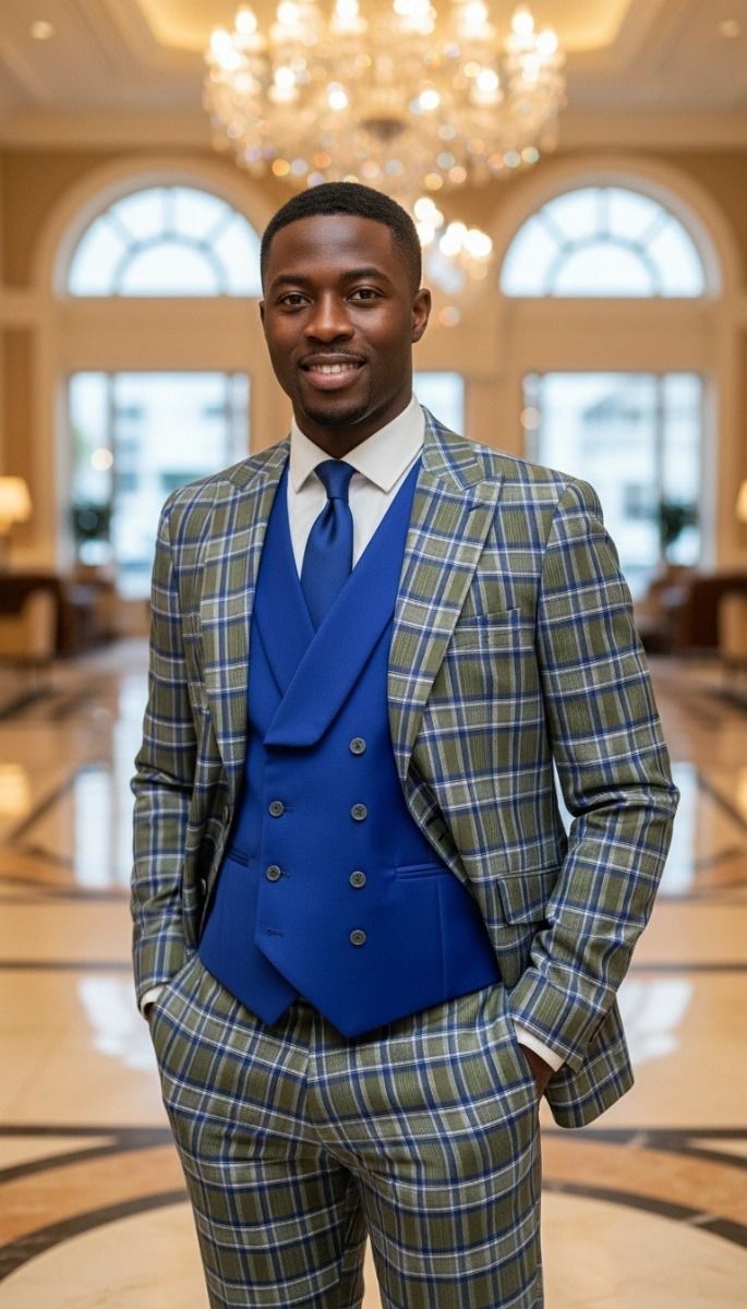 Saboo by Statement Mens Modern Fit 3 Piece 100% Wool Plaid Suit – Peak Lapel, Double Breasted Vest - 34 Short or Extra Small