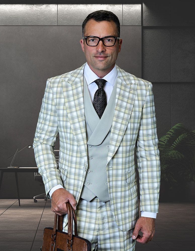 Saboo by Statement Mens Modern Fit 3 Piece 100% Wool Plaid Suit – Peak Lapel, Double Breasted Vest - 34 Short or Extra Small