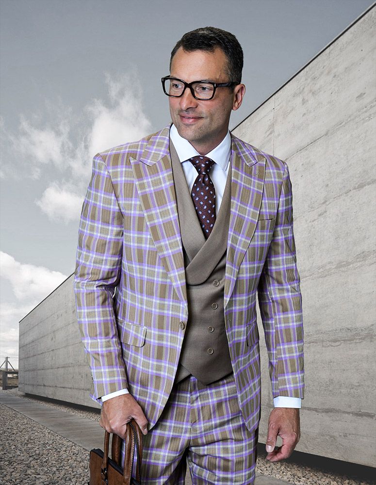 Saboo by Statement Mens Modern Fit 3 Piece 100% Wool Plaid Suit – Peak Lapel, Double Breasted Vest - 34 Short or Extra Small