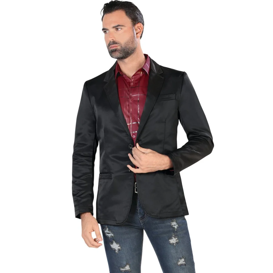 Black Denim Jacket - Western Cowboy Blazer Slim Fitted in Sheen Fabric - 36 Short