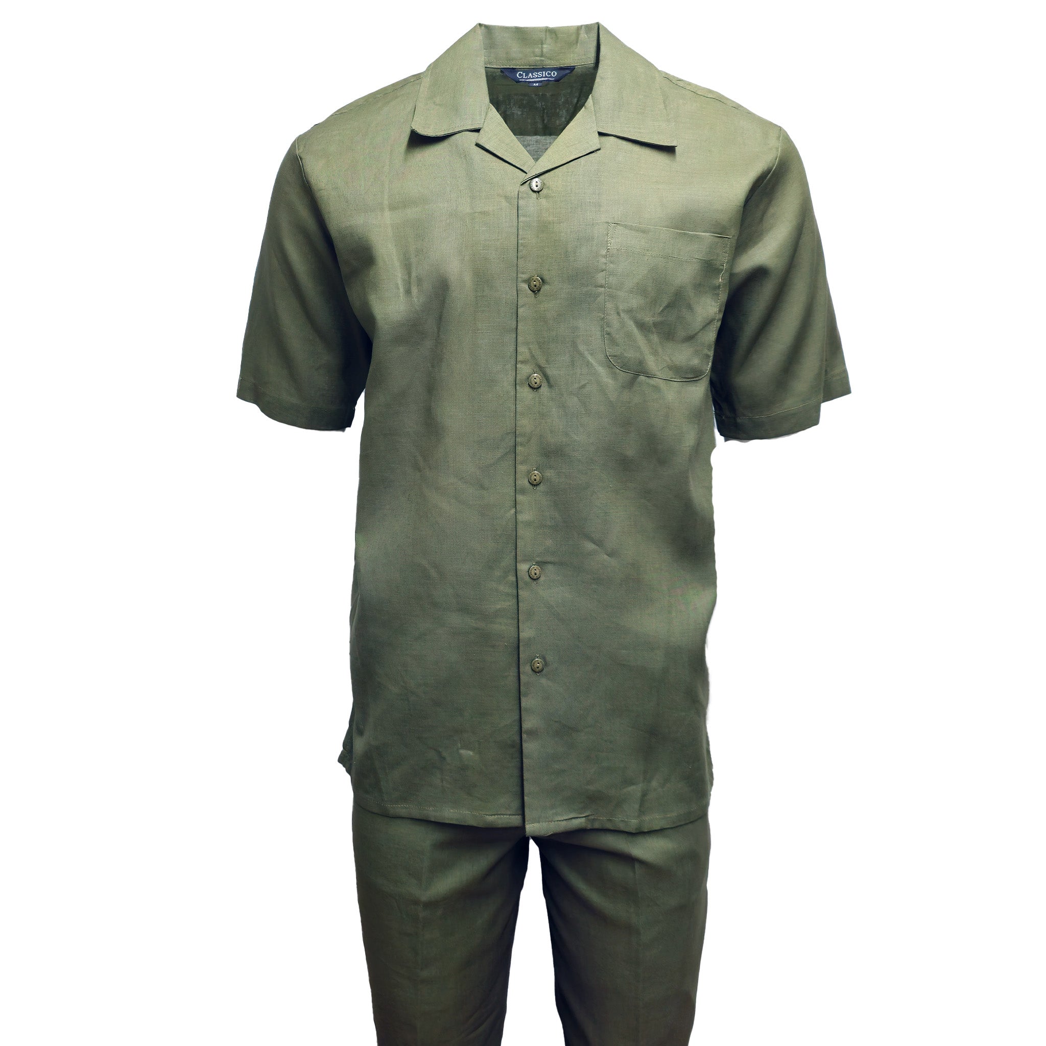 Mens Sage Green Linen Shirt and Pants Casual Outfit Set - Small
