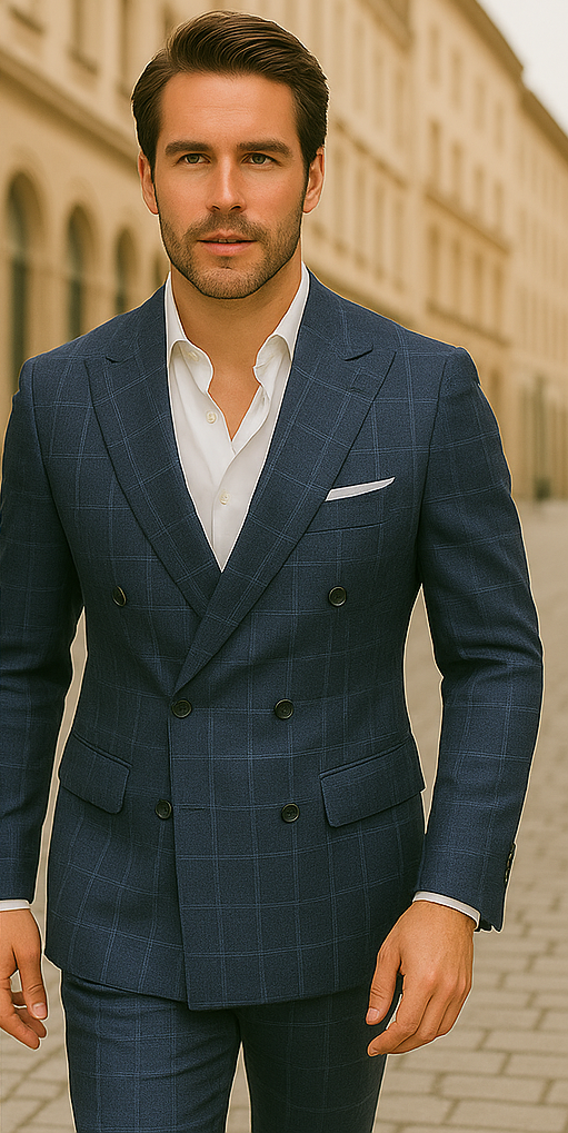 Wool Suit - Italian Made Business Suit by Windowpane Texture Business Pattern Modern Fit Side Vented Men's 100% Wool 2 Piece Suit - Double Breasted Plaid
