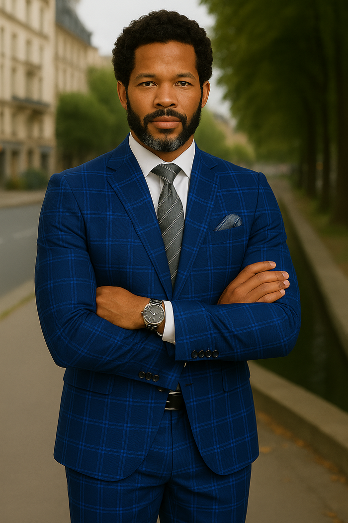 Wool Suit - Italian Made Business Suit by Windowpane Texture Business Pattern Modern Fit Side Vented Men's 2 Piece Big and Tall 100% Wool Fashion Suit - Bold Plaid