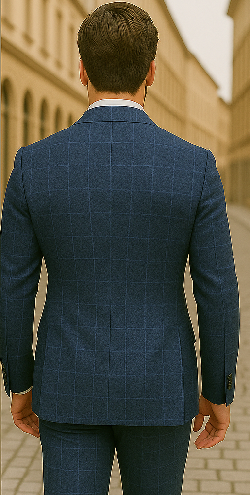Wool Suit - Italian Made Business Suit by Windowpane Texture Business Pattern Modern Fit Side Vented Men's 100% Wool 2 Piece Suit - Double Breasted Plaid