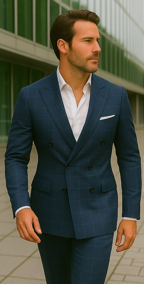 Wool Suit - Italian Made Business Suit by Windowpane Texture Business Pattern Modern Fit Side Vented Men's 100% Wool 2 Piece Suit - Double Breasted Plaid