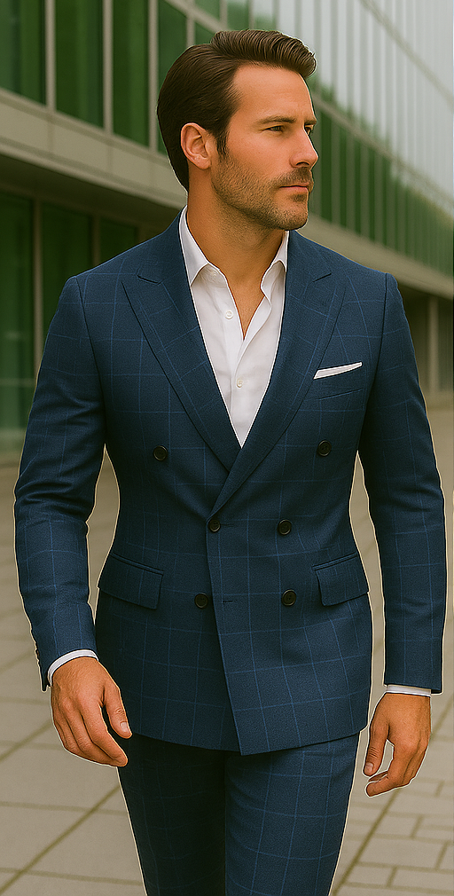 Wool Suit - Italian Made Business Suit by Windowpane Texture Business Pattern Modern Fit Side Vented Men's 100% Wool 2 Piece Suit - Double Breasted Plaid