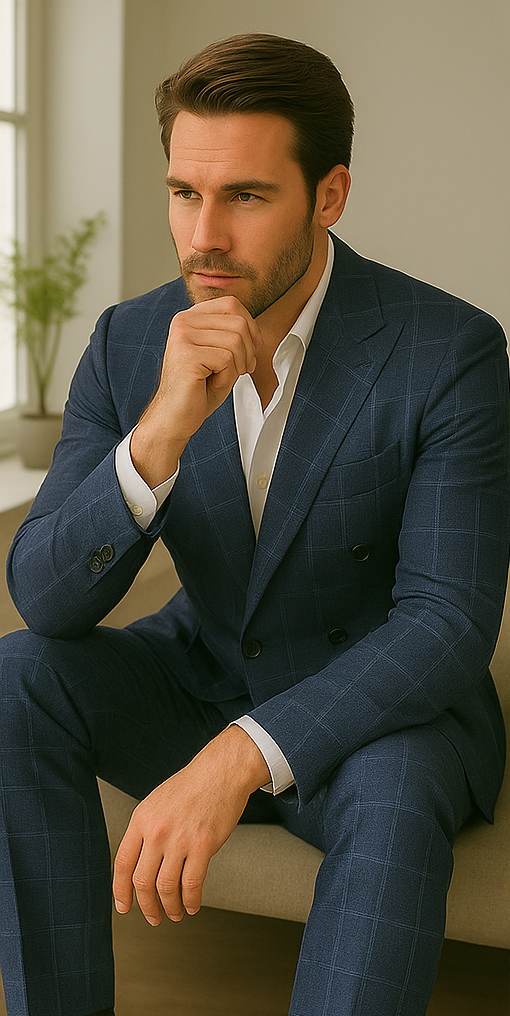 Wool Suit - Italian Made Business Suit by Windowpane Texture Business Pattern Modern Fit Side Vented Men's 100% Wool 2 Piece Suit - Double Breasted Plaid