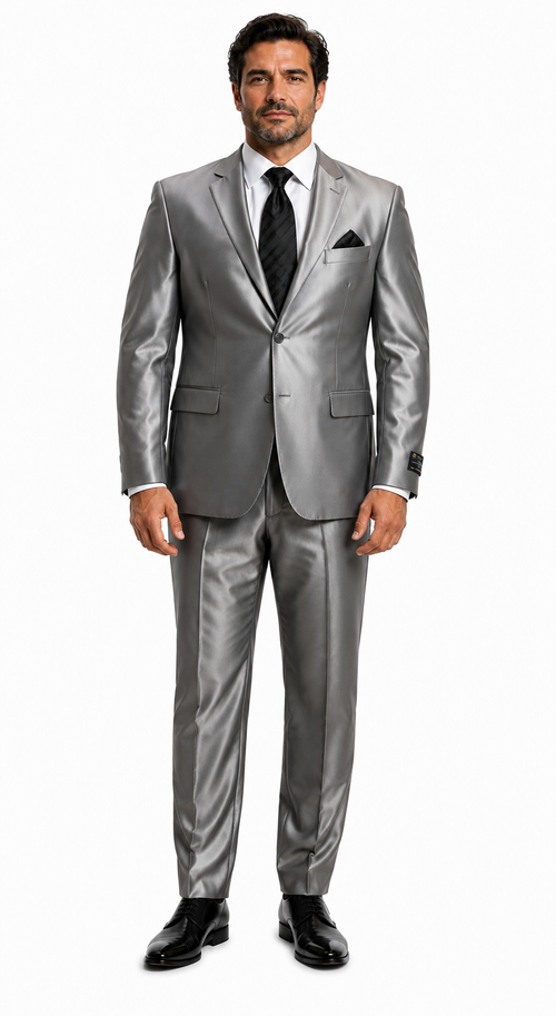 Sateen Metallic Shiny Men's 2 Button Silver Slim Fit Shark Skin Suit Tuxedo looking Men's Sharkskin Suit