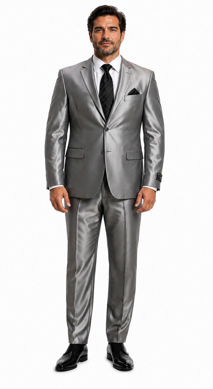 Sateen Metallic Shiny Men's 2 Button Silver Slim Fit Shark Skin Suit Tuxedo looking Men's Sharkskin Suit