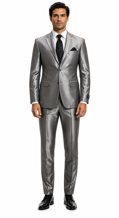 Sateen Metallic Shiny Men's 2 Button Silver Slim Fit Shark Skin Suit Tuxedo looking Men's Sharkskin Suit