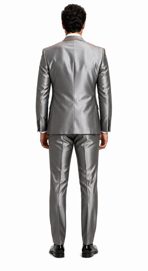 Sateen Metallic Shiny Men's 2 Button Silver Slim Fit Shark Skin Suit Tuxedo looking Men's Sharkskin Suit