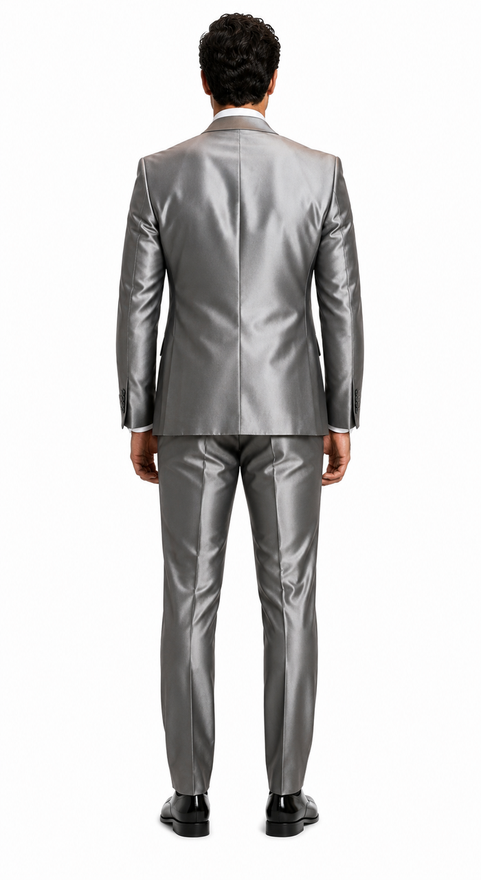 Sateen Metallic Shiny Men's 2 Button Silver Slim Fit Shark Skin Suit Tuxedo looking Men's Sharkskin Suit