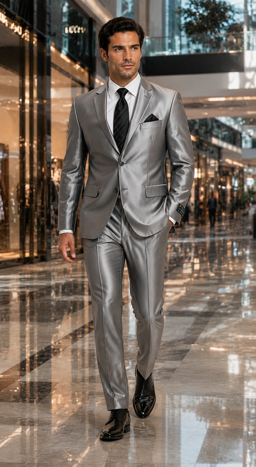 Sateen Metallic Shiny Men's 2 Button Silver Slim Fit Shark Skin Suit Tuxedo looking Men's Sharkskin Suit