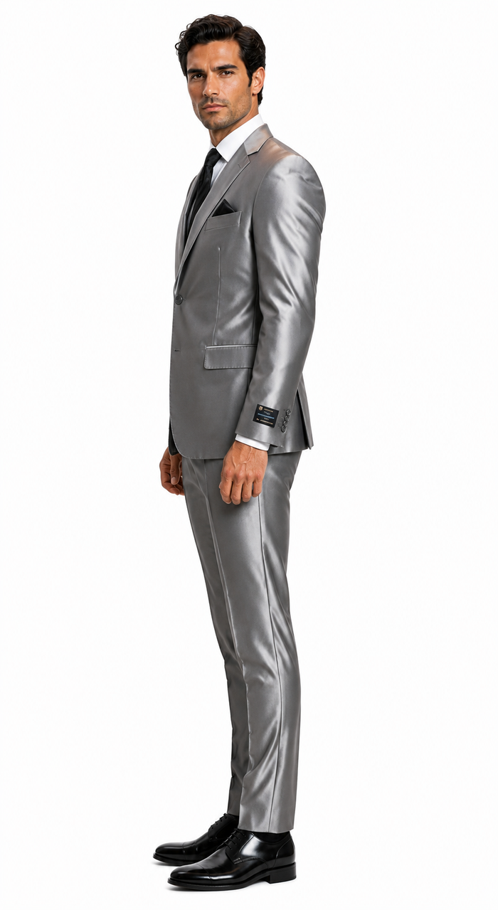 Sateen Metallic Shiny Men's 2 Button Silver Slim Fit Shark Skin Suit Tuxedo looking Men's Sharkskin Suit