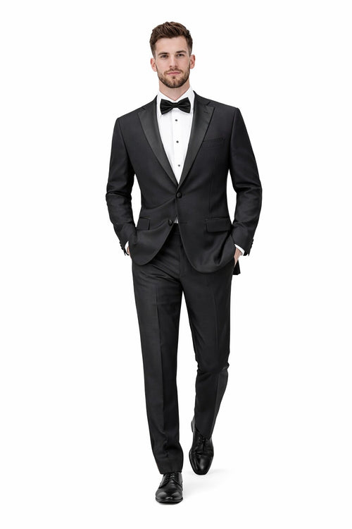 Mens Tiglio Modern Fit Black Wool Tuxedo Classic Satin Lapel Formal Suit