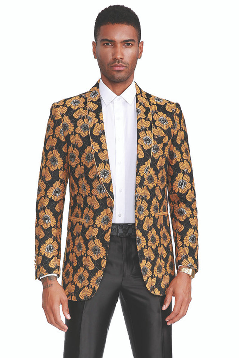 "Sunflower Print Shawl Collar Tuxedo Jacket for Men - Black & Yellow" - X-Small