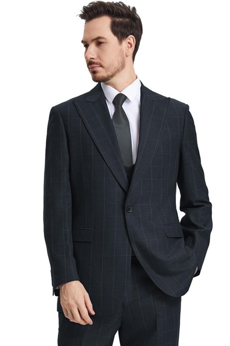 Men's Stacy Adams Peak Lapel Black Windowpane Plaid Suit with a Scoop Neck Vest - 38 Regular