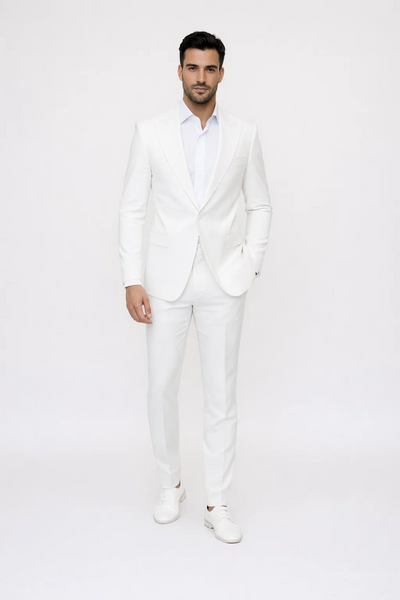 Seersucker Suit Peak Lapel Suit in Color "White" - Summer Fabric Tone on Tone Shadow Stripe By Rossiman