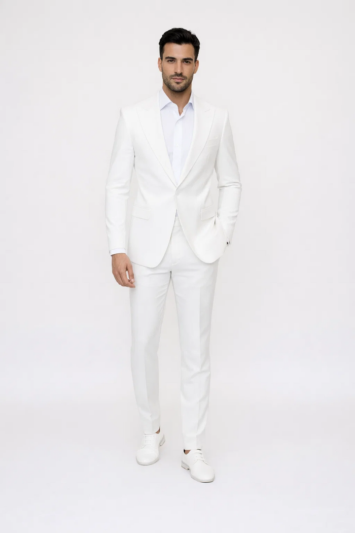 Seersucker Suit Peak Lapel Suit in Color "White" - Summer Fabric Tone on Tone Shadow Stripe By Rossiman