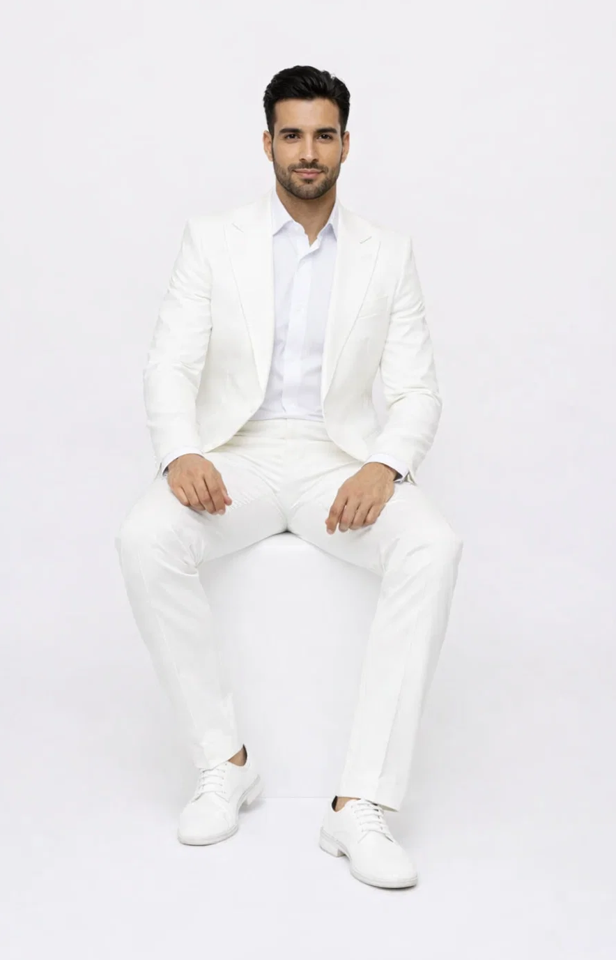 Seersucker Suit Peak Lapel Suit in Color "White" - Summer Fabric Tone on Tone Shadow Stripe By Rossiman - 34 Short or Extra Small