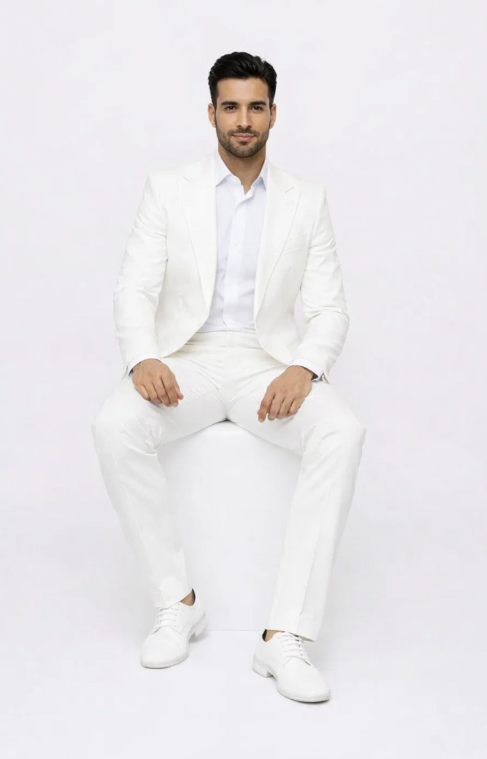 Seersucker Suit Peak Lapel Suit in Color "White" - Summer Fabric Tone on Tone Shadow Stripe By Rossiman
