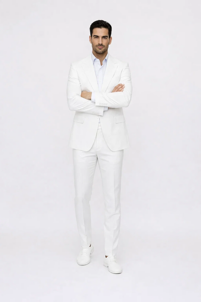Seersucker Suit Peak Lapel Suit in Color "White" - Summer Fabric Tone on Tone Shadow Stripe By Rossiman