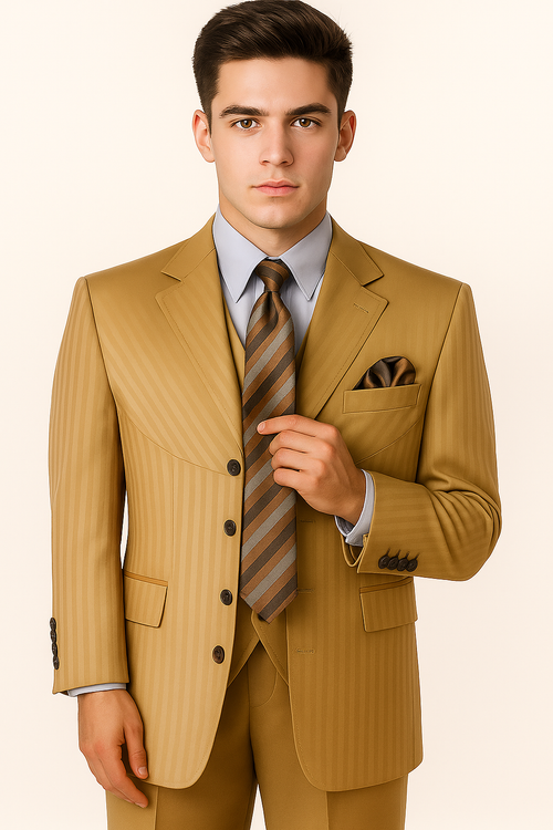 Cheap Priced Suit - Mens 4 Button Semi Wide Leg Shiny Tonal Stripe Fashion Gold Suit