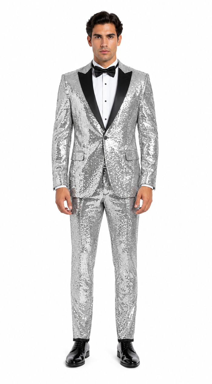 Sequin Suit - Silver Grey Shiny Suit Perfect for Stage or Prom Fancy Pattern Glitter Fabric