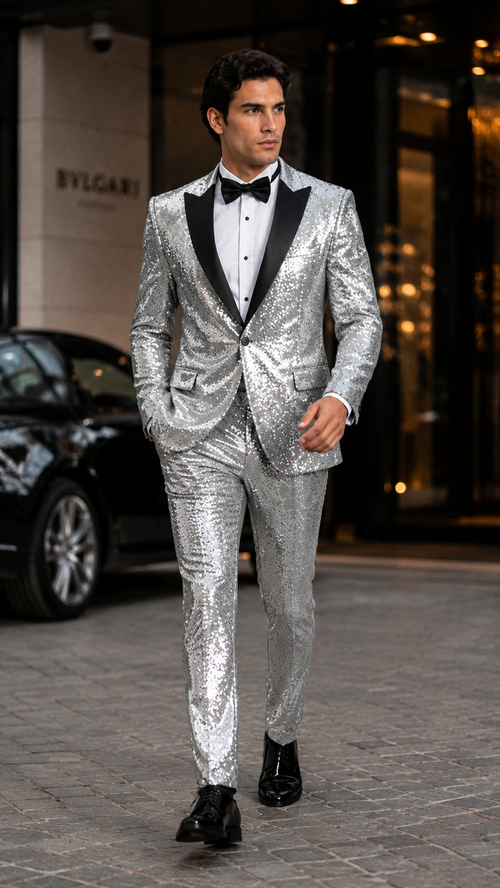 Sequin Suit - Silver Grey Shiny Suit Perfect for Stage or Prom Fancy Pattern Glitter Fabric