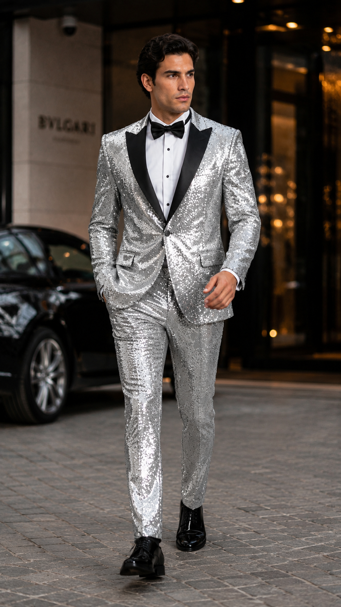 Sequin Suit - Silver Grey Shiny Suit Perfect for Stage or Prom Fancy Pattern Glitter Fabric