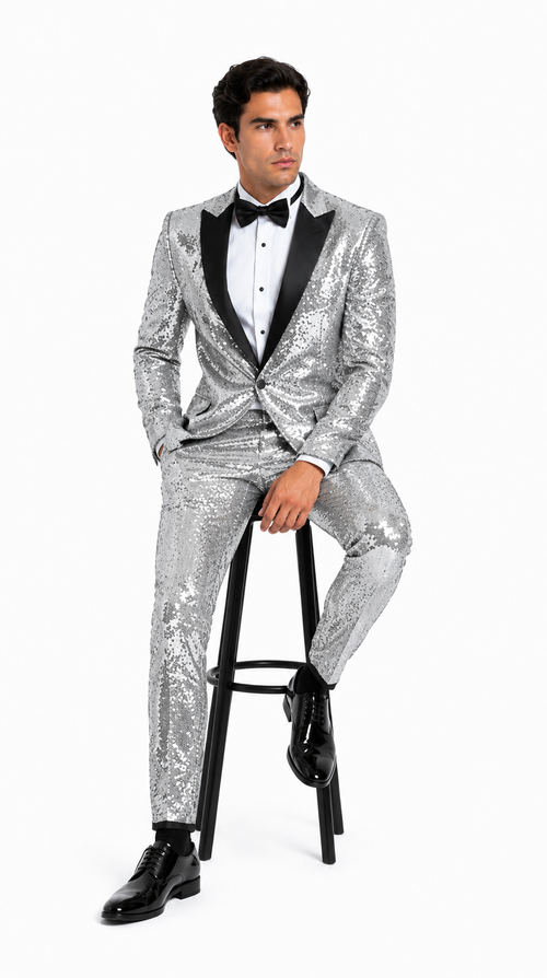 Sequin Suit - Silver Grey Shiny Suit Perfect for Stage or Prom Fancy Pattern Glitter Fabric