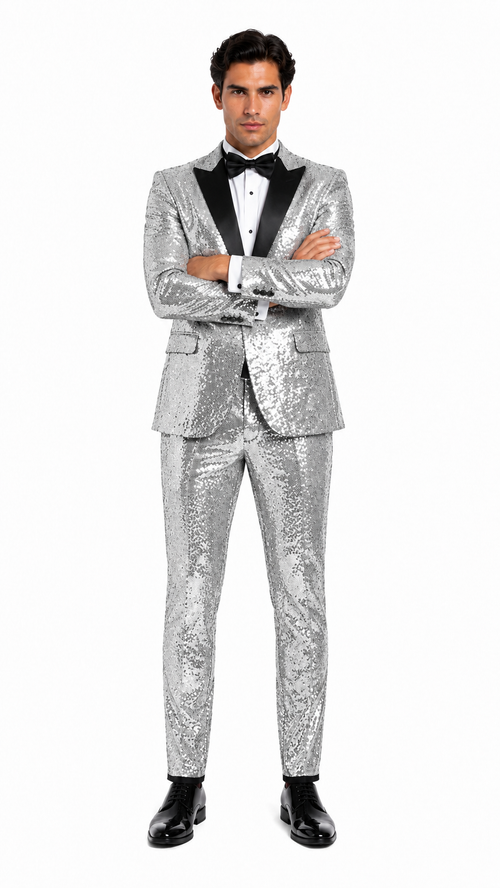 Sequin Suit - Silver Grey Shiny Suit Perfect for Stage or Prom Fancy Pattern Glitter Fabric
