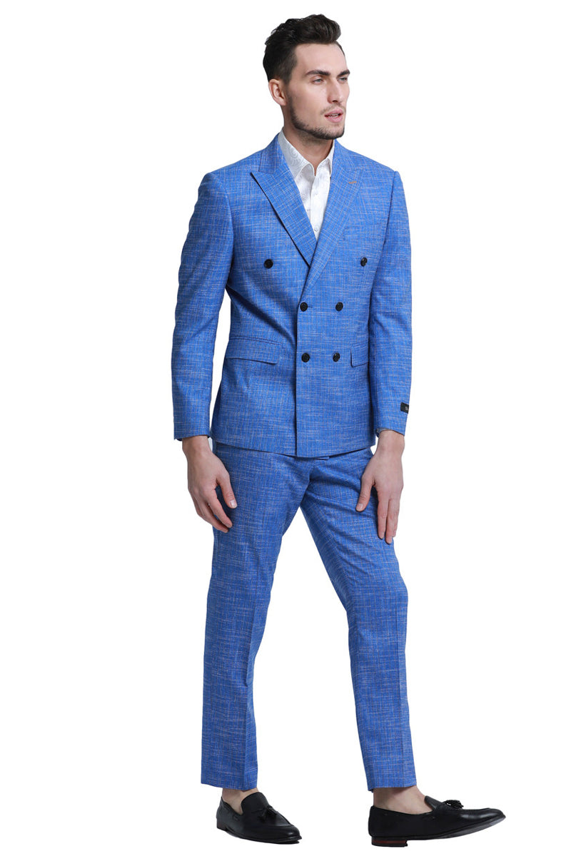 "Men's Slim Fit Sharkskin Suit - Double Breasted French Blue Summer"