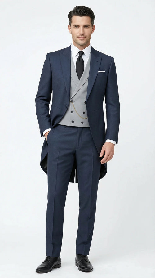 Mens Navy Blue Three Piece Formal Suit Cutaway Tuxedo Blazer Trousers for Wedding Tailcoat