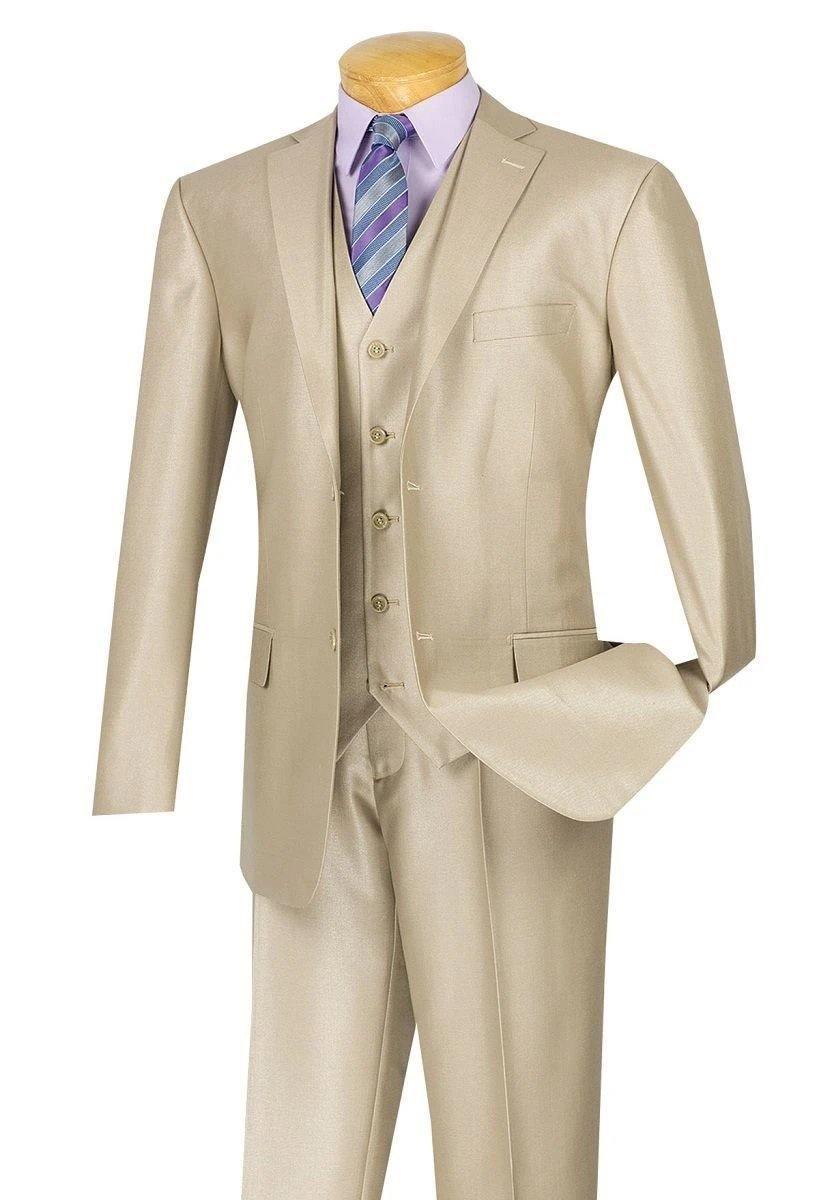 Shinny Vested Regular Fit Suit, Beige - 36 Short  - 30 Waist