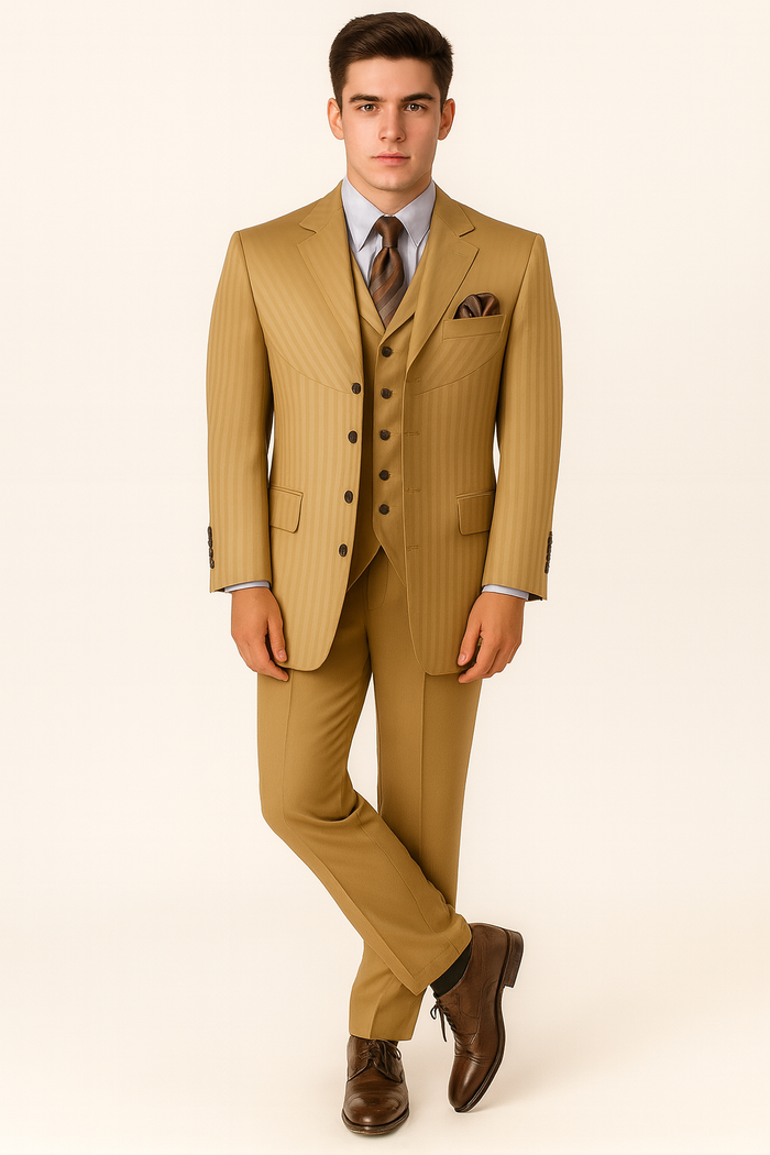 Cheap Priced Suit - Mens 4 Button Semi Wide Leg Shiny Tonal Stripe Fashion Gold Suit