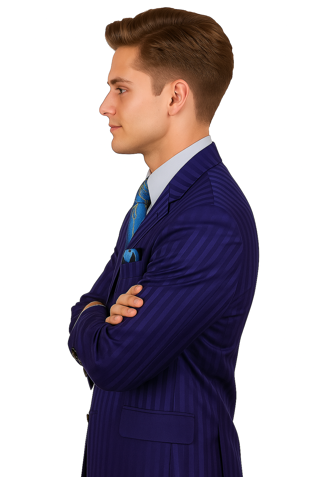 "Navy Blue Men's Shiny Tonal Stripe Fashion Suit - 4 Button Semi Wide Leg" - 38 Long