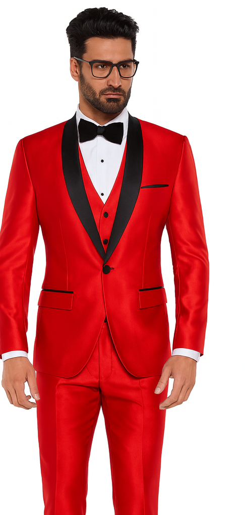 Shiny Red Tuxedo Shawl Collar Jacket & Pants Suit Prom 2026 Or Wedding Or Groom Tuxedo - 38 Short Jacket+32 Waist Adjustable 28to34)(Height: 5’4”to5’7”)(Neck 15-16.5)S-M)