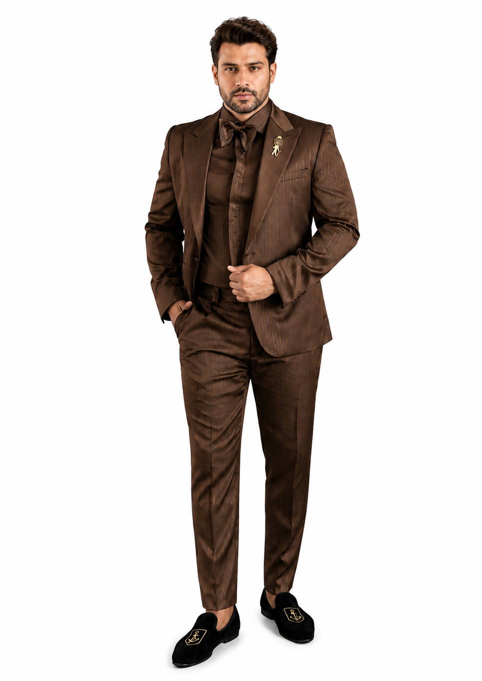 Men's Shiny Satin Charmeuse Metallic Stripe Sheen Monochromatic Pinstripe Suit By Rossiman in Color Brown Tailored Fit + Matching Shirt Tie (4-Piece) - 34 Short or Extra Small