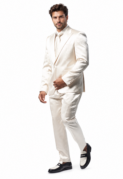 Men's Shiny Satin Charmeuse Metallic Stripe Sheen Monochromatic Pinstripe Suit By Rossiman in Color cream Tailored Fit + Matching Shirt Tie (4-Piece)