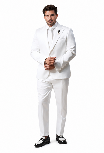 Men's Shiny Satin Charmeuse Metallic Stripe Suit By Rossiman in White By Rossiman in Color White Tailored Fit + Matching Shirt Tie (4-Piece)