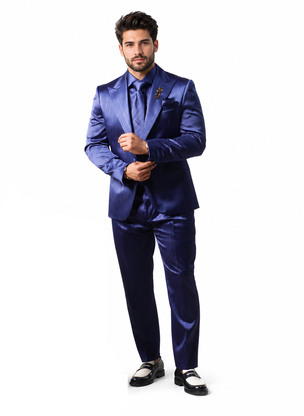 Men's Shiny Satin Charmeuse Metallic Stripe Sheen Monochromatic Pinstripe Suit By Rossiman in Color Navy Tailored Fit + Matching Shirt Tie (4-Piece) - 34 Short or Extra Small