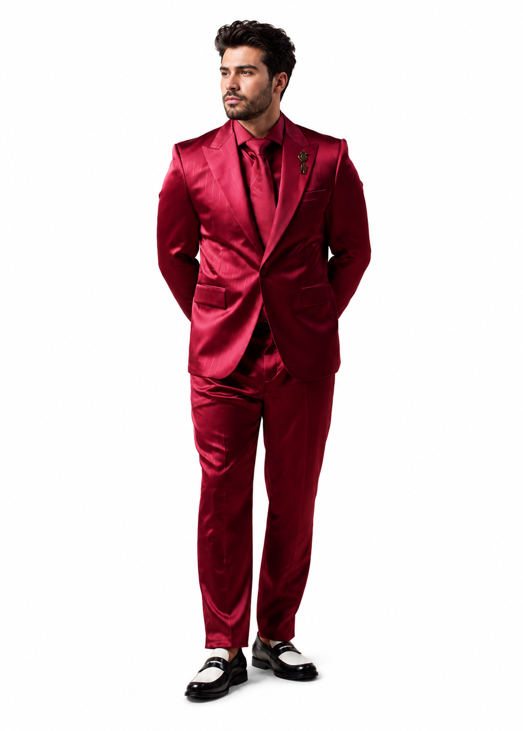 Men's Shiny Satin Charmeuse Metallic Stripe Sheen Monochromatic Pinstripe Suit By Rossiman in Color Burgundy Tailored Fit + Matching Shirt Tie (4-Piece) - 34 Short or Extra Small