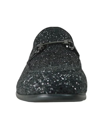 "Black Sequin Prom 2026 Tuxedo Loafers - Modern Men's Glitter Buckle Shoes"