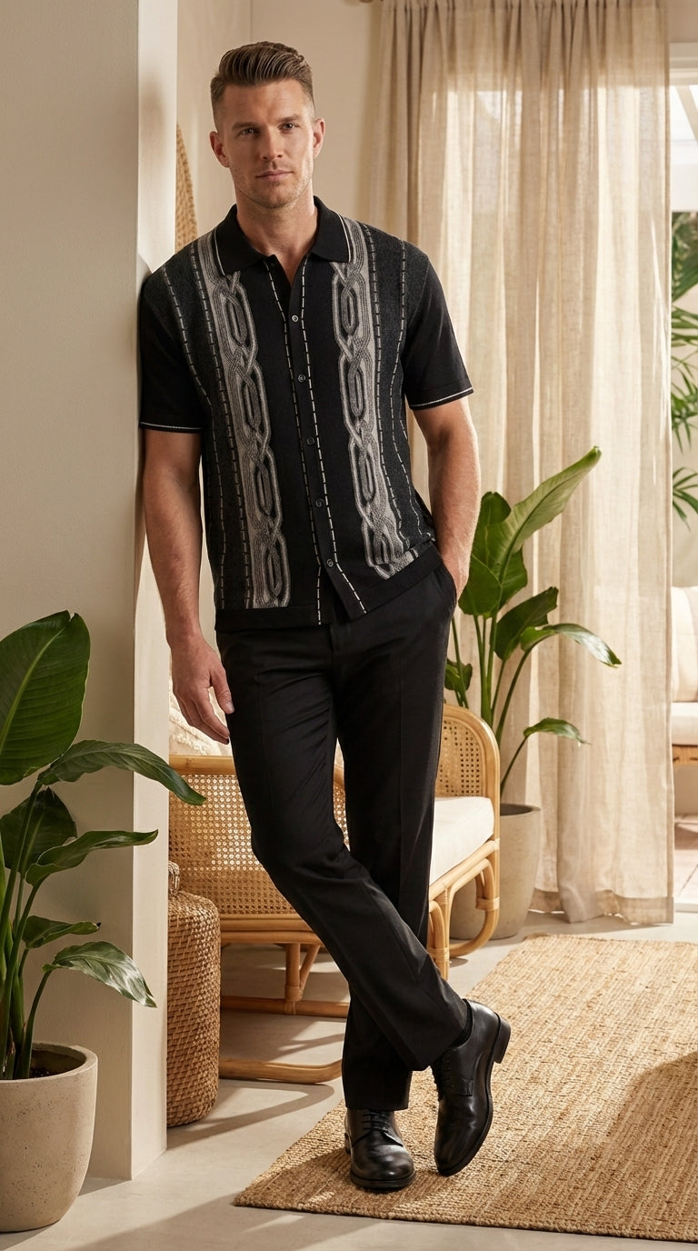 Mens Black and Gray Pattern Walking Suit Set – Short Sleeve Knit Shirt and Pants Casual Outfit for Summer, Travel and Everyday Wear - S