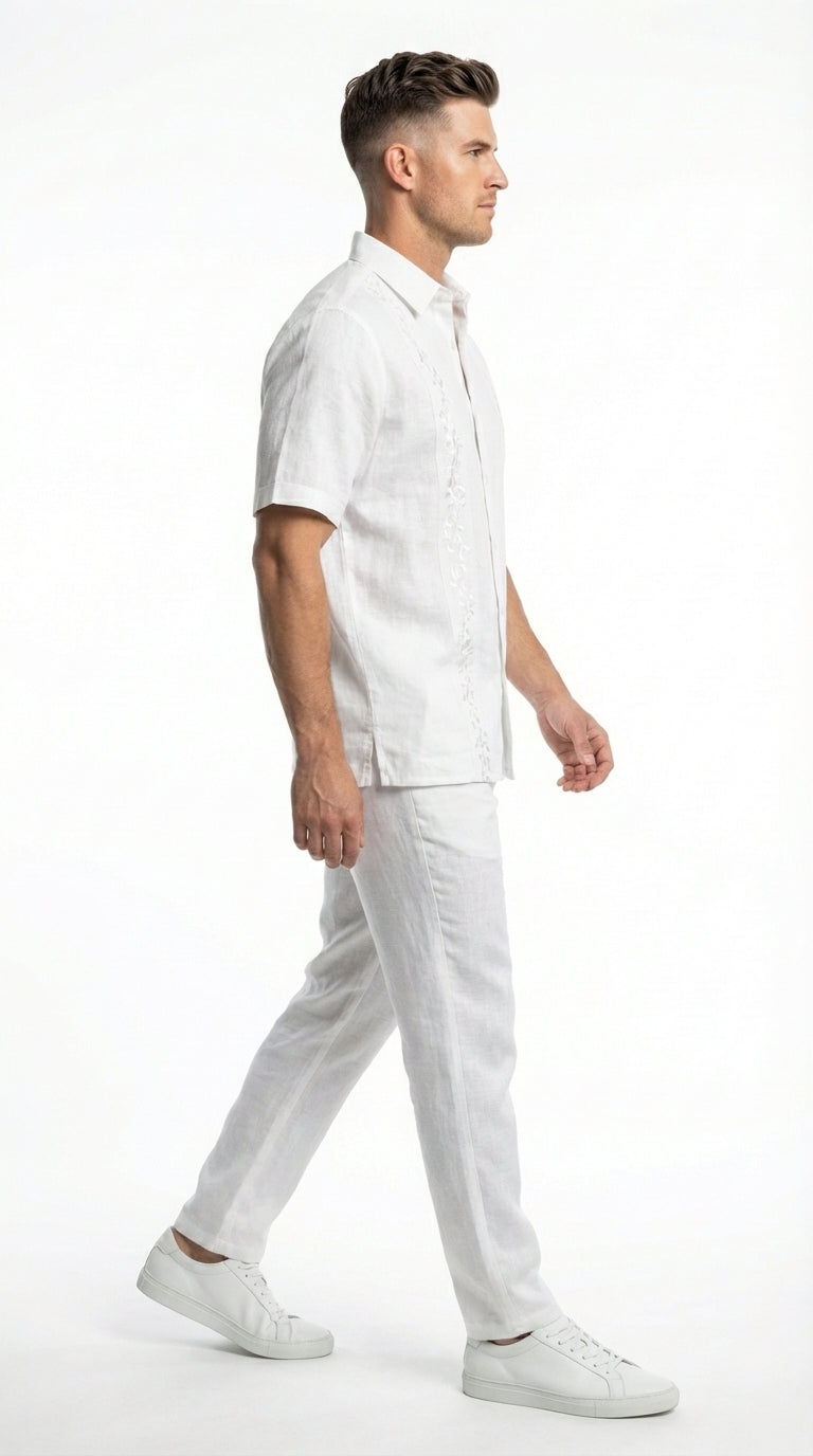 Mens White Embroidered Walking Suit Set – Short Sleeve Shirt and Pants Casual Summer Outfit for Vacation, Beach and Everyday Wear - S