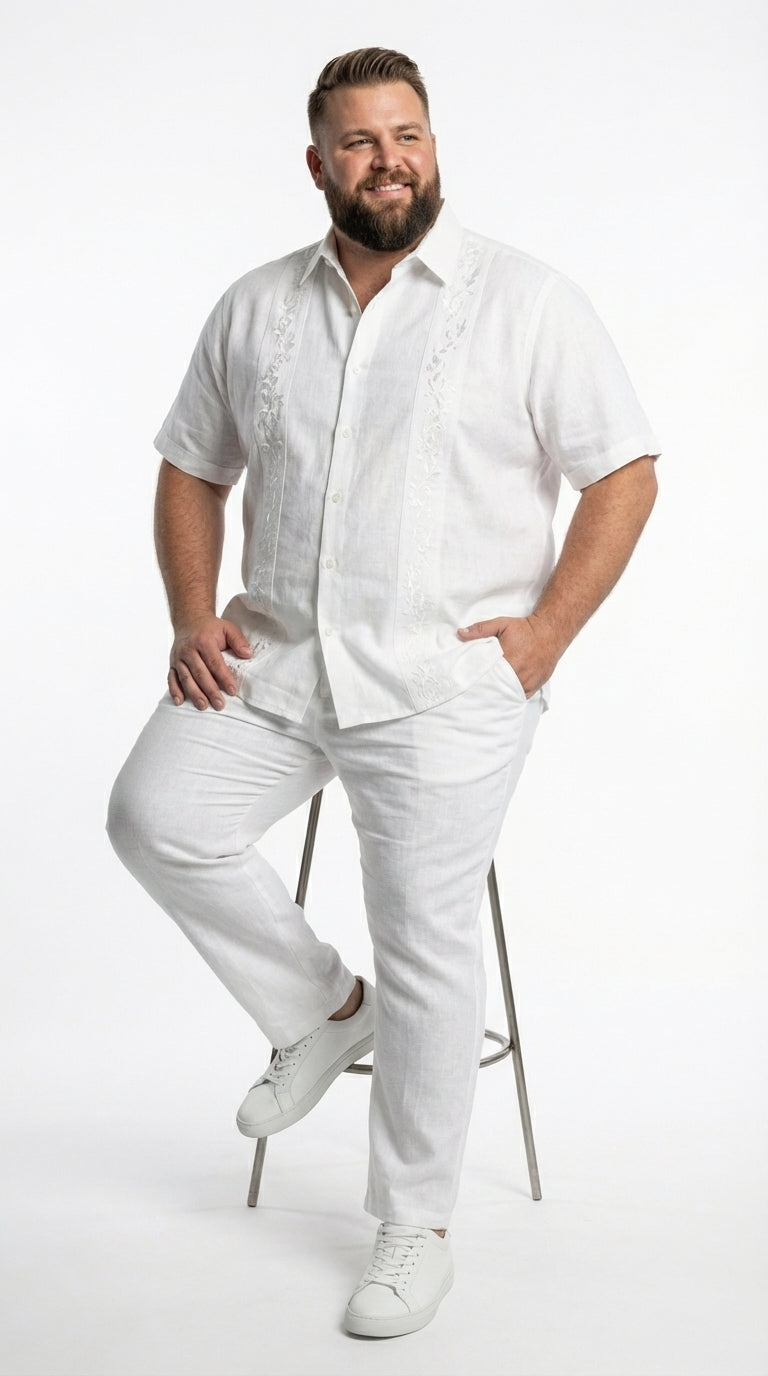 Mens White Embroidered Walking Suit Set – Short Sleeve Shirt and Pants Casual Summer Outfit for Vacation, Beach and Everyday Wear - S