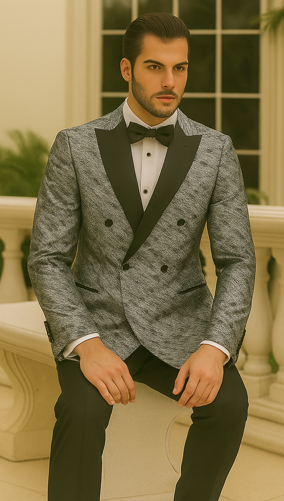 Silver Double Breasted Rough Streak Pattern Satin Peak Lapel Stacy Adams Men's Jacket - 34 Short or Extra Small