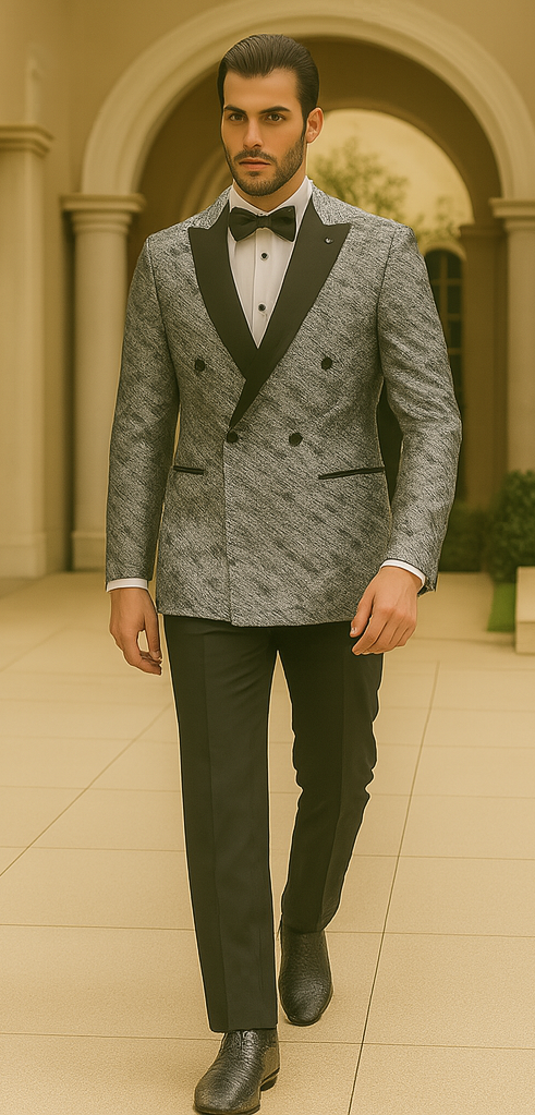 Silver Double Breasted Rough Streak Pattern Satin Peak Lapel Stacy Adams Men's Jacket - 34 Short or Extra Small